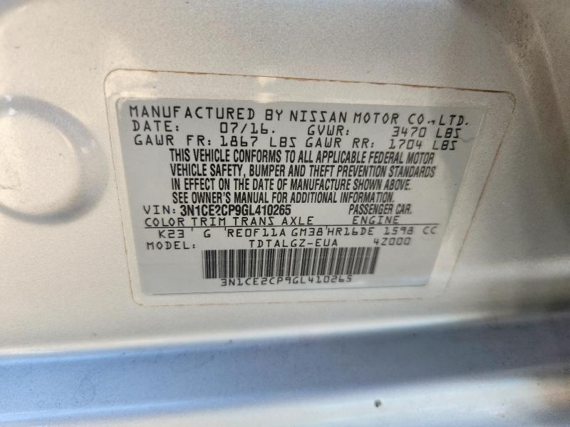 2016 Nissan Versa Note მანქანა იყიდება აუქციონზე, vin: 3N1CE2CP9GL410265, აუქციონის ნომერი: 70808476