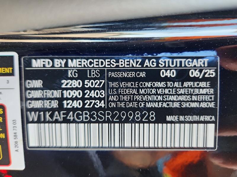 2025 Mercedes-benz C მანქანა იყიდება აუქციონზე, vin: W1KAF4GB3SR299828, აუქციონის ნომერი: 68260976