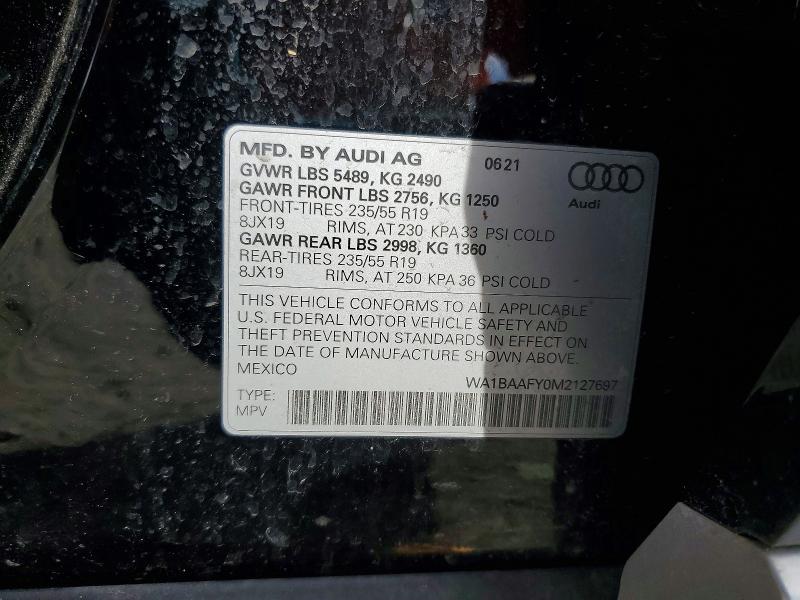 2021 Audi Q5 მანქანა იყიდება აუქციონზე, vin: WA1BAAFY0M2127697, აუქციონის ნომერი: 70504606