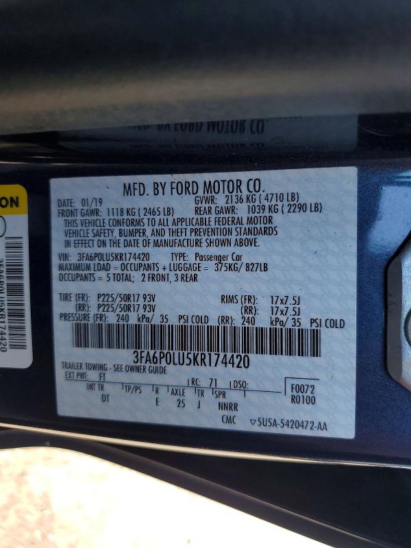 Продаж на аукціоні авто 2019 Ford Fusion, vin: 3FA6P0LU5KR174420, номер лоту: 70310096