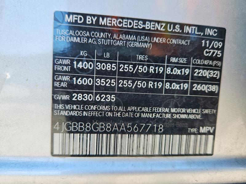 2010 Mercedes-benz Ml მანქანა იყიდება აუქციონზე, vin: 4JGBB8GB8AA567718, აუქციონის ნომერი: 68134896