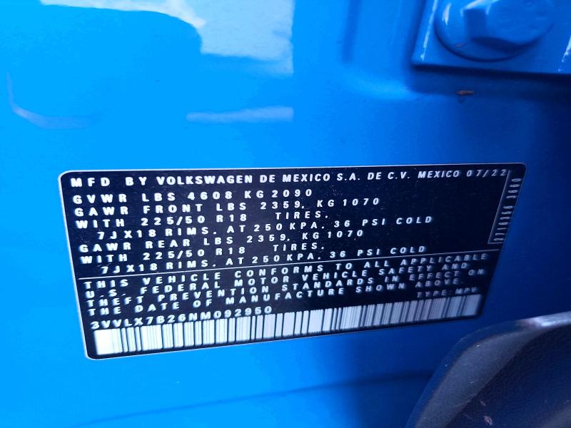67492736 :رقم المزاد ، 3VVLX7B26NM092950 vin ، 2022 Volkswagen Taos مزاد بيع