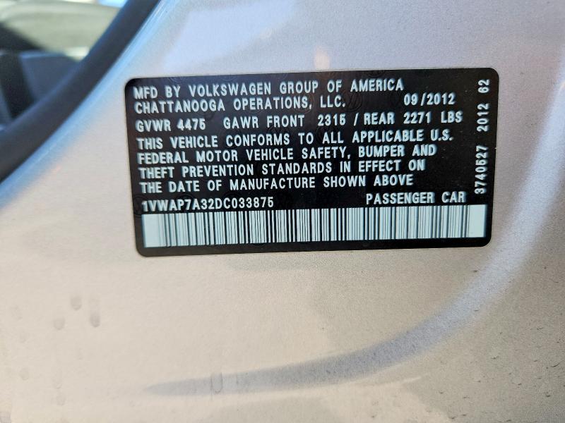 2013 Volkswagen Passat მანქანა იყიდება აუქციონზე, vin: 1VWAP7A32DC033875, აუქციონის ნომერი: 70638006