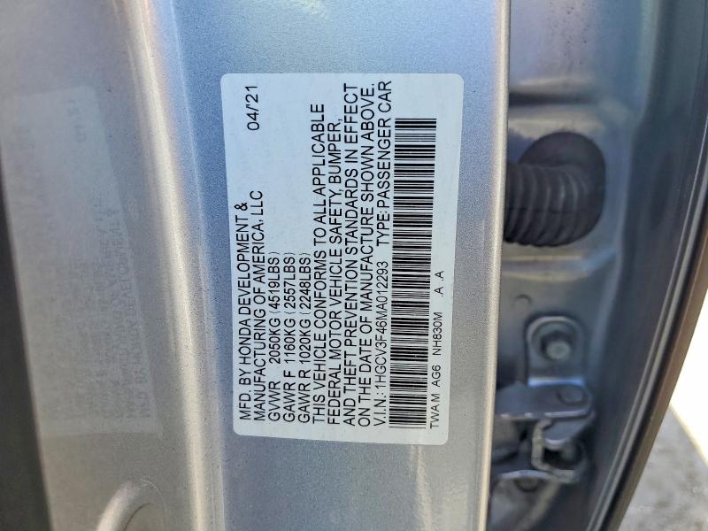 68422866 :رقم المزاد ، 1HGCV3F46MA012293 vin ، 2021 Honda Accord مزاد بيع