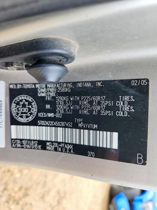 2005 Toyota Sienna მანქანა იყიდება აუქციონზე, vin: 5TDZA22C45S287452, აუქციონის ნომერი: 67901666