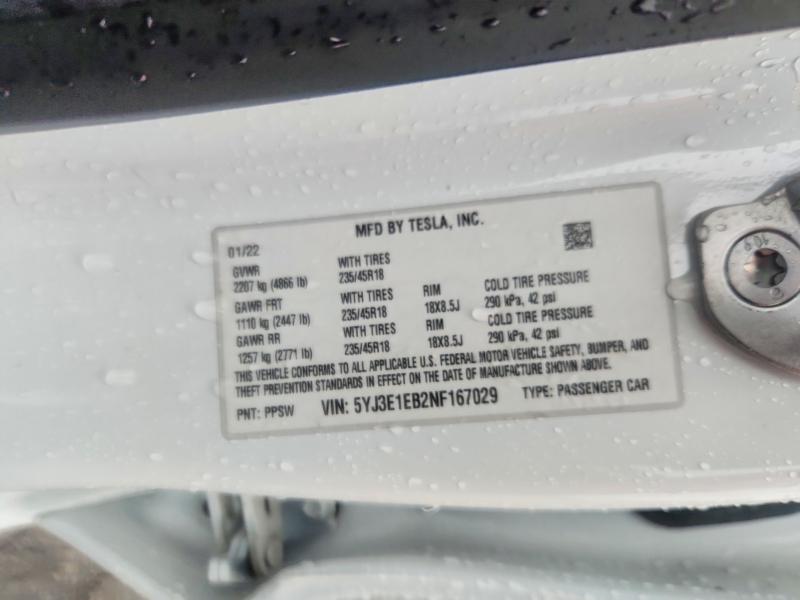 68092806 :رقم المزاد ، 5YJ3E1EB2NF167029 vin ، 2022 Tesla Model 3 مزاد بيع
