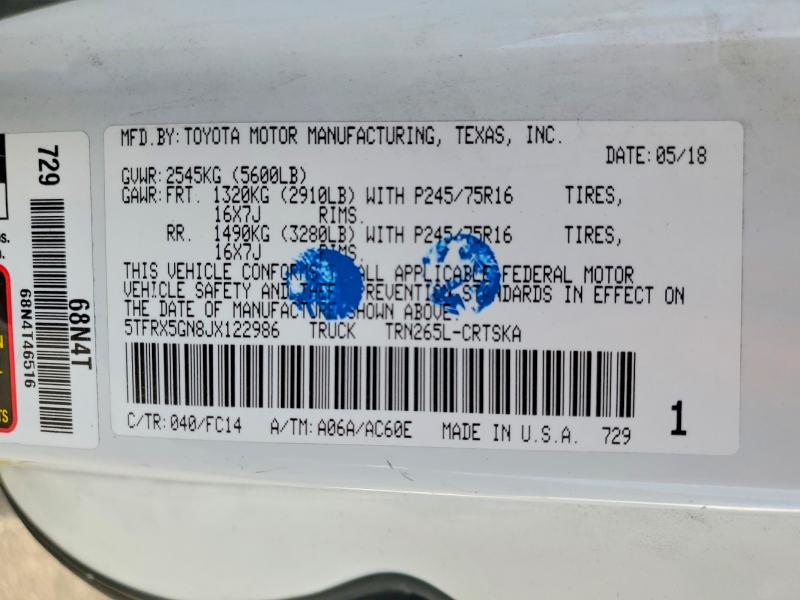 2018 Toyota Tacoma მანქანა იყიდება აუქციონზე, vin: 5TFRX5GN8JX122986, აუქციონის ნომერი: 67523146