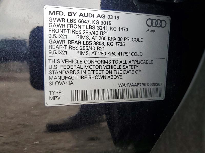 Продажа на аукционе авто 2019 Audi Q7, vin: WA1VAAF79KD036367, номер лота: 69855396