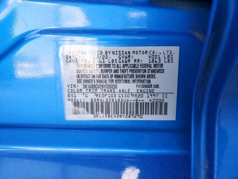 2022 Nissan Sentra მანქანა იყიდება აუქციონზე, vin: 3N1AB8CV2NY289290, აუქციონის ნომერი: 68173376