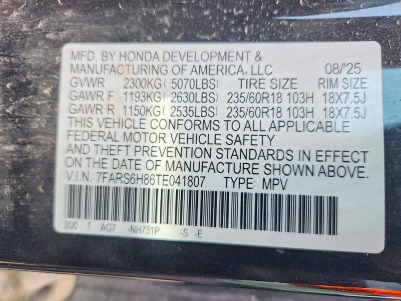 Auction sale of the 2026 Honda Cr-v, vin: 7FARS6H86TE041807, lot number: 66926056
