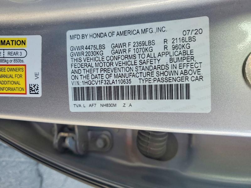 Aukcja sprzedaży 2020 Honda Accord, vin: 1HGCV1F32LA110635, numer aukcji: 67491656