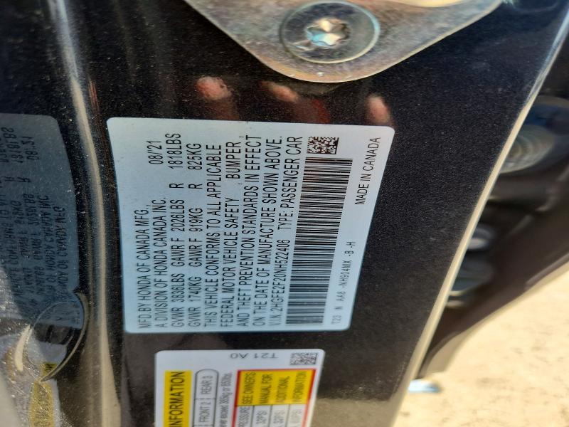 70179376 :رقم المزاد ، 2HGFE2F20NH522406 vin ، 2022 Honda Civic مزاد بيع