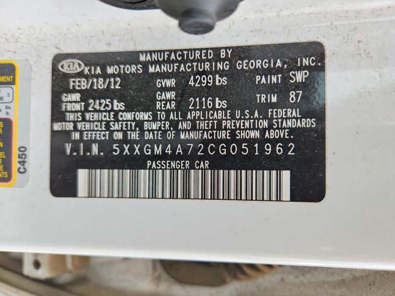 2012 Kia Optima მანქანა იყიდება აუქციონზე, vin: 5XXGM4A72CG051962, აუქციონის ნომერი: 68002566