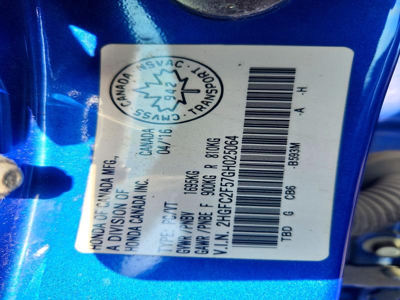 2016 Honda Civic მანქანა იყიდება აუქციონზე, vin: 2HGFC2F57GH025064, აუქციონის ნომერი: 68153976