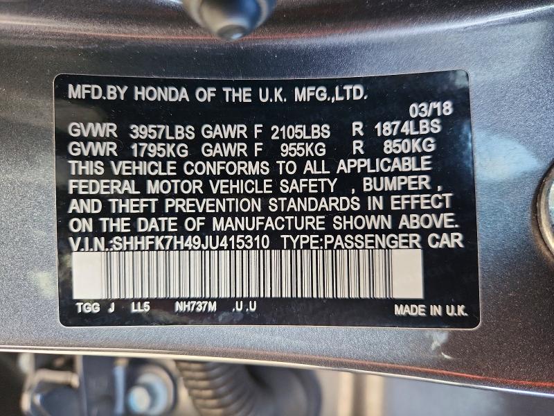 Продажа на аукционе авто 2018 Honda Civic, vin: SHHFK7H49JU415310, номер лота: 70103076