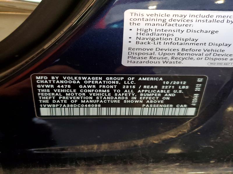 67205036 :رقم المزاد ، 1VWBP7A38DC046098 vin ، 2013 Volkswagen Passat مزاد بيع