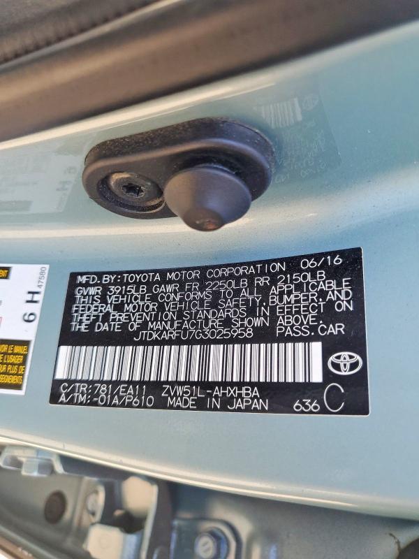 Продаж на аукціоні авто 2016 Toyota Prius, vin: JTDKARFU7G3025958, номер лоту: 71295116