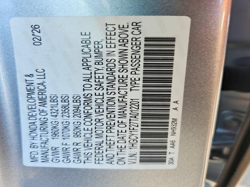 Продажа на аукционе авто 2026 Honda Accord, vin: 1HGCY1F27TA012201, номер лота: 67499906