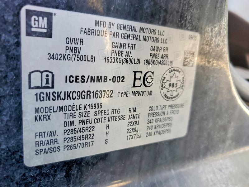 2016 Chevrolet Suburban მანქანა იყიდება აუქციონზე, vin: 1GNSKJKC9GR163792, აუქციონის ნომერი: 68936036