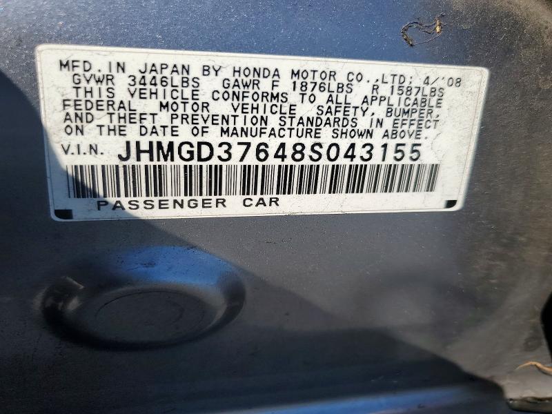 68828716 :رقم المزاد ، JHMGD37648S043155 vin ، 2008 Honda Fit مزاد بيع