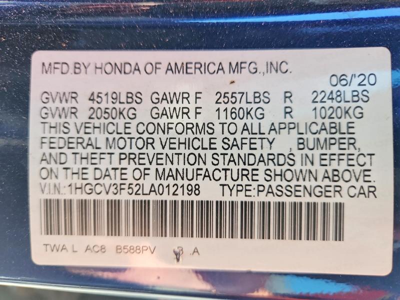Продажа на аукционе авто 2020 Honda Accord, vin: 1HGCV3F52LA012198, номер лота: 69605806