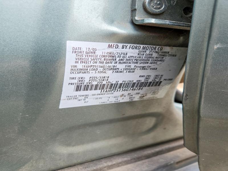 2006 Ford Five Hundred მანქანა იყიდება აუქციონზე, vin: 1FAHP25156G146184, აუქციონის ნომერი: 69179996