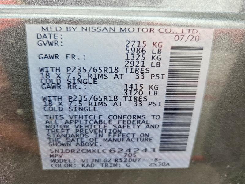 67839816 :رقم المزاد ، 5N1DR2CMXLC624243 vin ، 2020 Nissan Pathfinder مزاد بيع