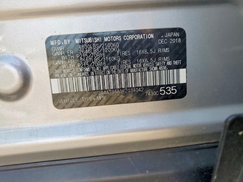 67425266 :رقم المزاد ، JA4AT3AA1KZ034042 vin ، 2019 Mitsubishi Eclipse Cross مزاد بيع