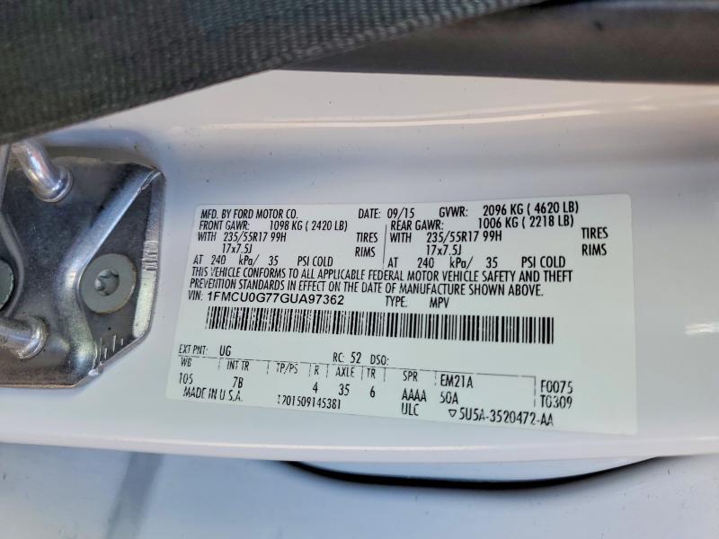 2016 Ford Escape მანქანა იყიდება აუქციონზე, vin: 1FMCU0G77GUA97362, აუქციონის ნომერი: 70090696