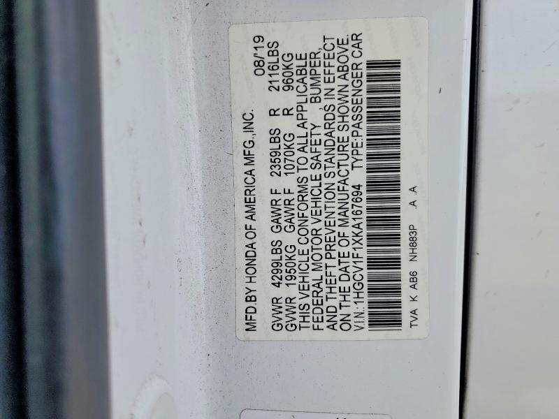 Aukcja sprzedaży 2019 Honda Accord, vin: 1HGCV1F1XKA167694, numer aukcji: 70682676