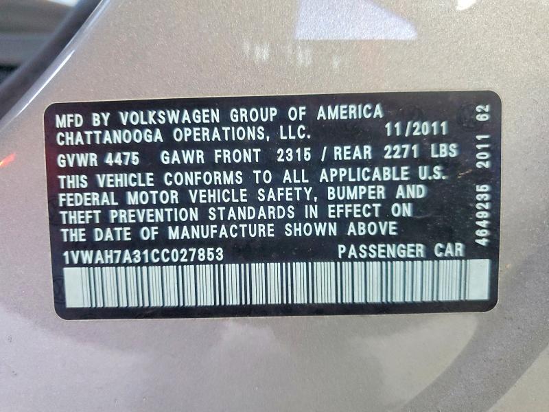 Aukcja sprzedaży 2012 Volkswagen Passat, vin: 1VWAH7A31CC027853, numer aukcji: 68187046