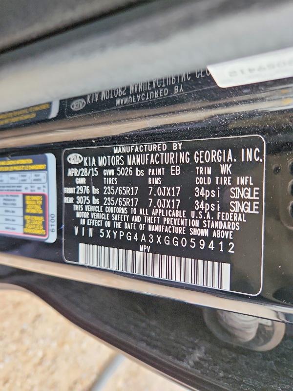 2016 Kia Sorento მანქანა იყიდება აუქციონზე, vin: 5XYPG4A3XGG059412, აუქციონის ნომერი: 70197636