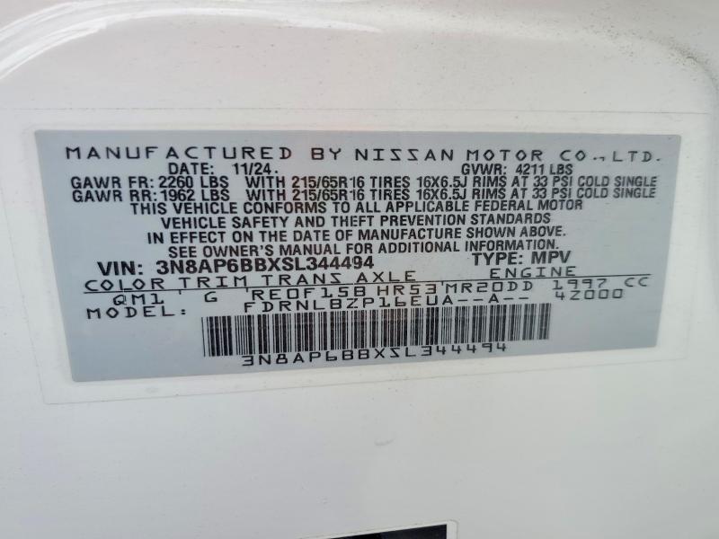 2025 Nissan Kicks მანქანა იყიდება აუქციონზე, vin: 3N8AP6BBXSL344494, აუქციონის ნომერი: 68772406
