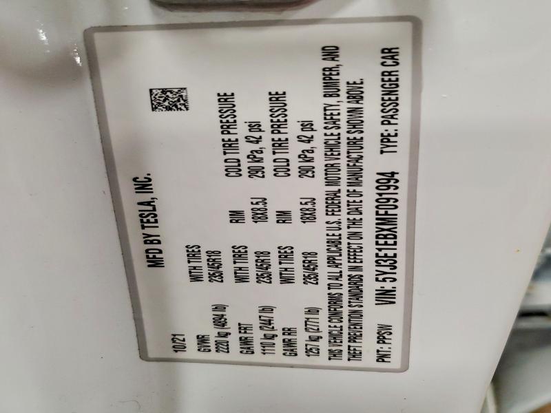 69789816 :رقم المزاد ، 5YJ3E1EBXMF091994 vin ، 2021 Tesla Model 3 مزاد بيع