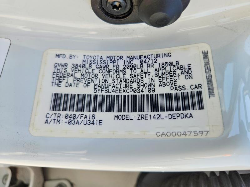 Продаж на аукціоні авто 2012 Toyota Corolla, vin: 5YFBU4EEXCP034109, номер лоту: 68885866