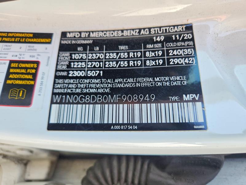 Aukcja sprzedaży 2021 Mercedes-benz Glc, vin: W1N0G8DB0MF908949, numer aukcji: 68809916