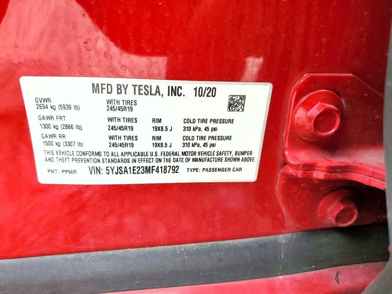 Продажа на аукционе авто 2021 Tesla Model S, vin: 5YJSA1E23MF418792, номер лота: 67470606