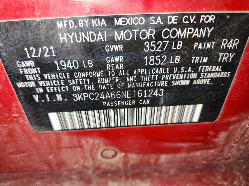 Aukcja sprzedaży 2022 Hyundai Accent, vin: 3KPC24A66NE161243, numer aukcji: 66982726