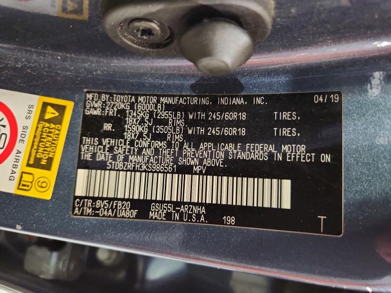 Aukcja sprzedaży 2019 Toyota Highlander, vin: 5TDBZRFH3KS986561, numer aukcji: 70153356