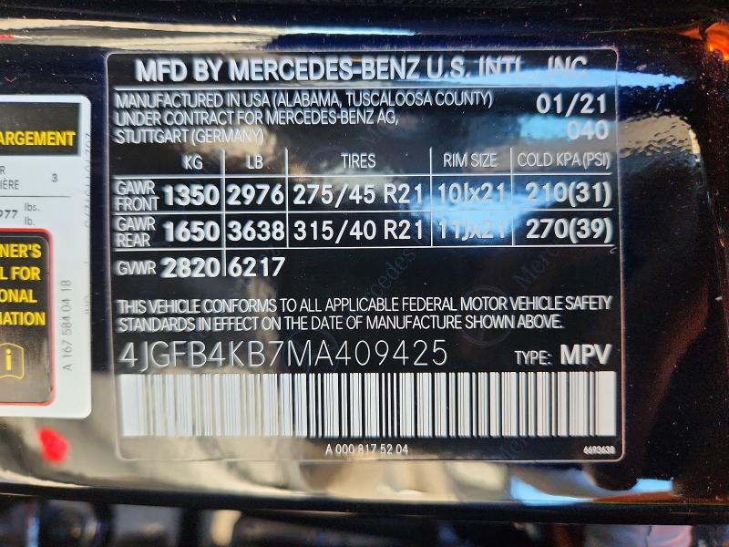Aukcja sprzedaży 2021 Mercedes-benz Gle, vin: 4JGFB4KB7MA409425, numer aukcji: 67485586