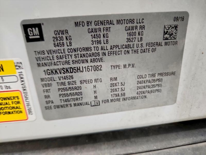 67126876 :رقم المزاد ، 1GKKVSKD5HJ167082 vin ، 2017 Gmc Acadia Limited مزاد بيع