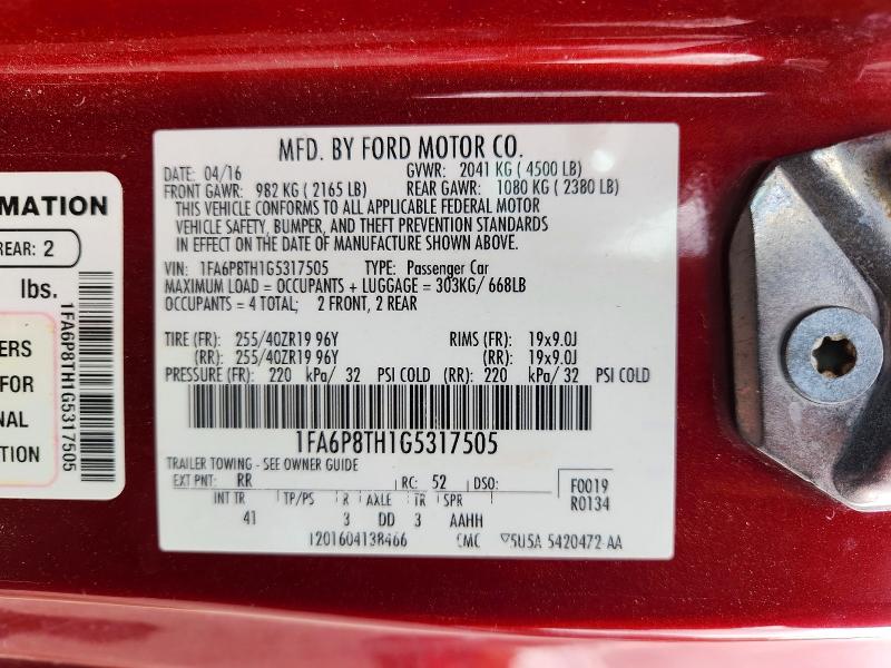 67416656 :رقم المزاد ، 1FA6P8TH1G5317505 vin ، 2016 Ford Mustang مزاد بيع