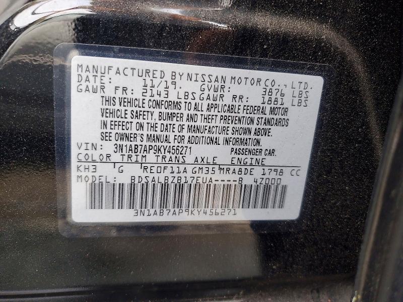2019 Nissan Sentra მანქანა იყიდება აუქციონზე, vin: 3N1AB7AP9KY456271, აუქციონის ნომერი: 68224186