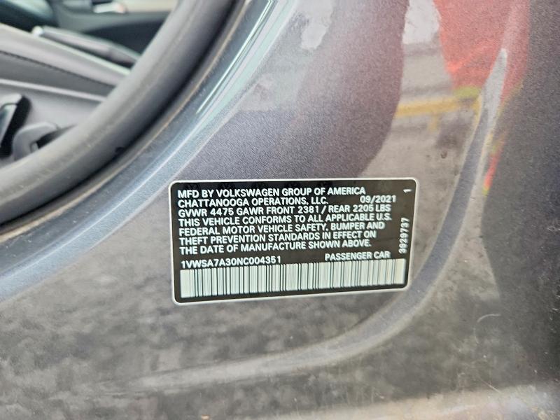 67210226 :رقم المزاد ، 1VWSA7A30NC004351 vin ، 2022 Volkswagen Passat مزاد بيع
