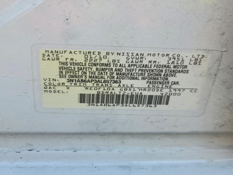 2010 Nissan Sentra მანქანა იყიდება აუქციონზე, vin: 3N1AB6AP3AL657363, აუქციონის ნომერი: 66429576