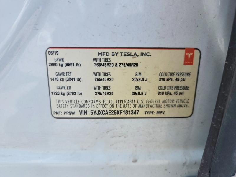 67328156 :رقم المزاد ، 5YJXCAE25KF181347 vin ، 2019 Tesla Model X مزاد بيع