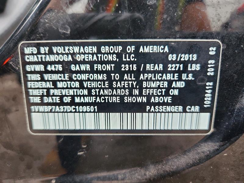 Aukcja sprzedaży 2013 Volkswagen Passat, vin: 1VWBP7A37DC109501, numer aukcji: 69346446