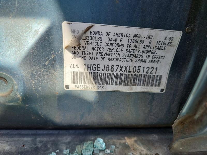 1999 Honda Civic მანქანა იყიდება აუქციონზე, vin: 1HGEJ667XXL051221, აუქციონის ნომერი: 70082816