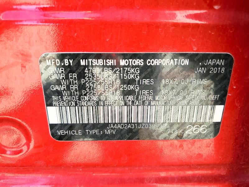 2018 Mitsubishi Outlander მანქანა იყიდება აუქციონზე, vin: JA4AD2A31JZ039992, აუქციონის ნომერი: 67472536