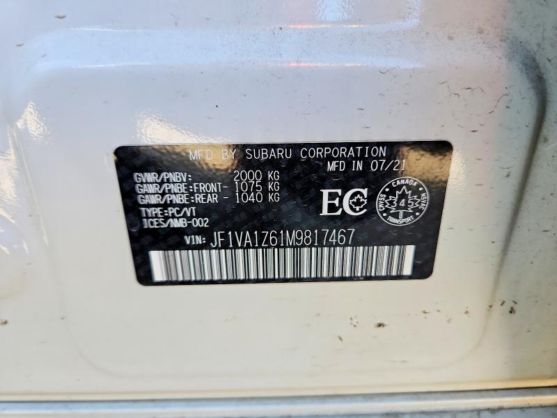 2021 Subaru Wrx მანქანა იყიდება აუქციონზე, vin: JF1VA1Z61M9817467, აუქციონის ნომერი: 69499076